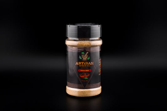 Jar of Artisan Spice Co Steak And Chops seasoning.